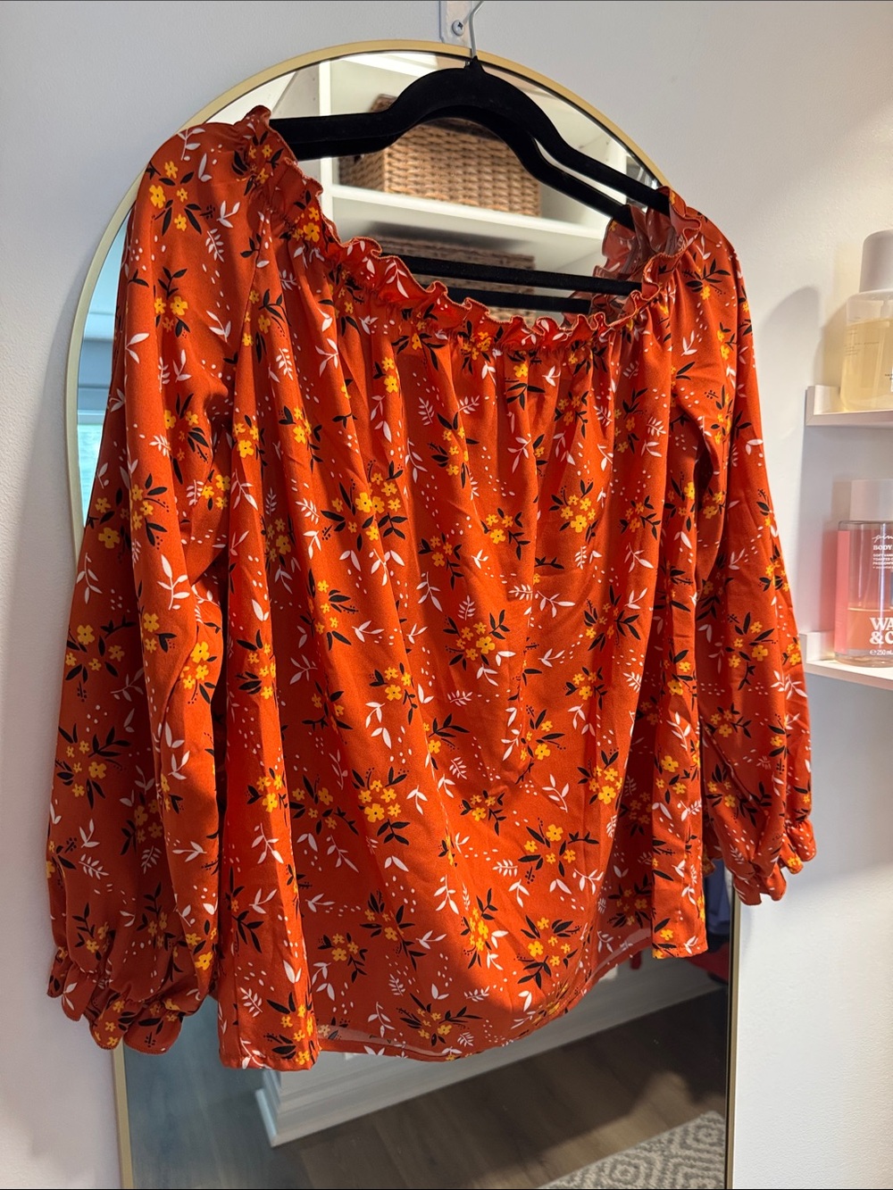 Women’s SHEIN Rust Orange Floral Off-Shoulder Blouse Large